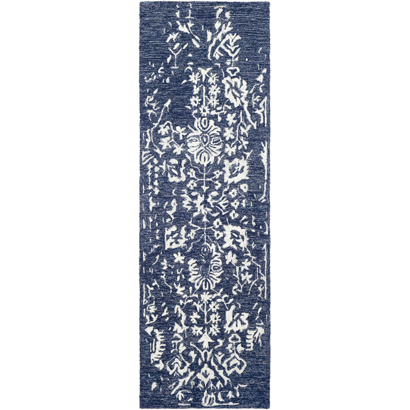 Tapis bleu marine / beige en laine touffeté à la main Bergmann, Tapis de couloir beige