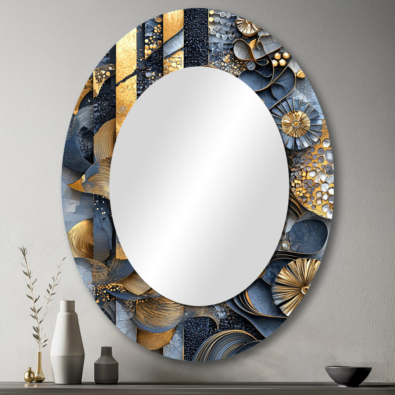 Carrelage abstrait bleu et gris IV - Miroir mural moderne ovale, 43 po x 33 po