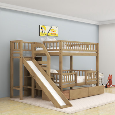 Lit superposé simple au-dessus de simple avec glissière et escalier de rangement