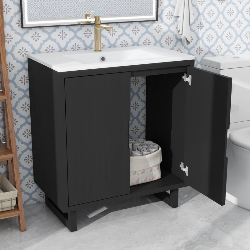 Ensemble de meuble-lavabo moderne de 30 pouces avec lavabo et armoire de rangement, Noir, 30.1", Trou simple