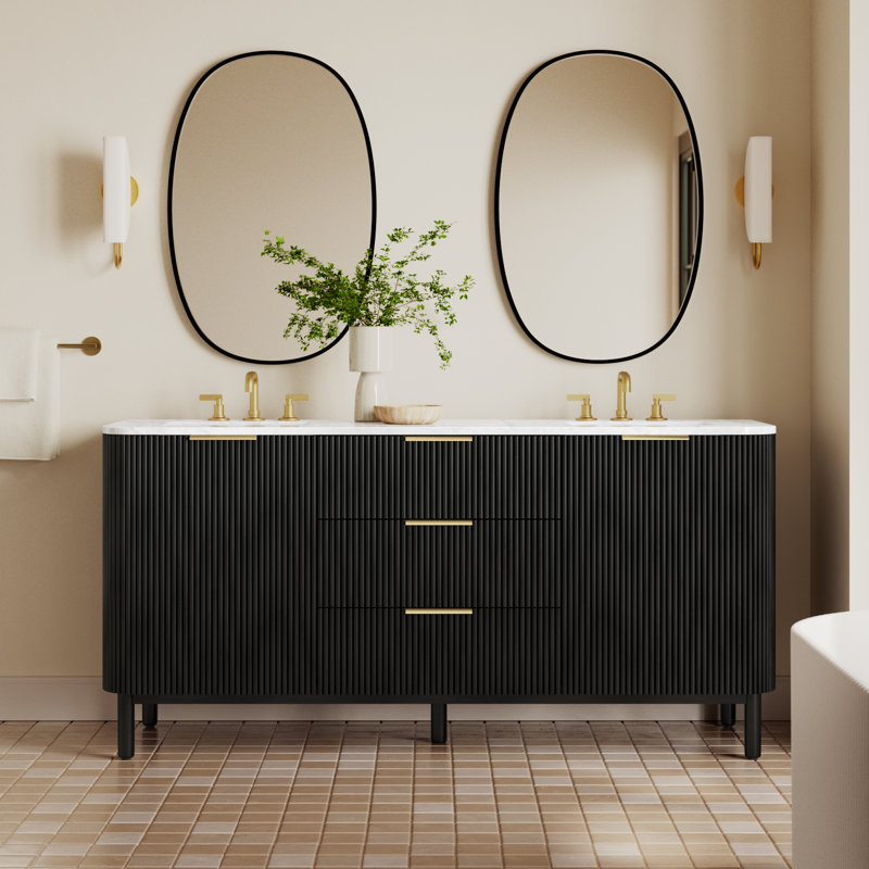 Nova 72" Marble Top Double Sink Vanity, Black Reeded Birch