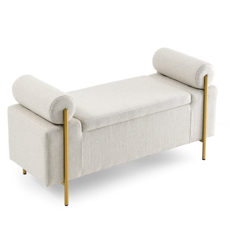 Upholstered Linen Storage Bench In Beige With Cylindrical Arms And Solid Iron Foundation For Living Room Bedroom Hallway Resilient Leg Support System