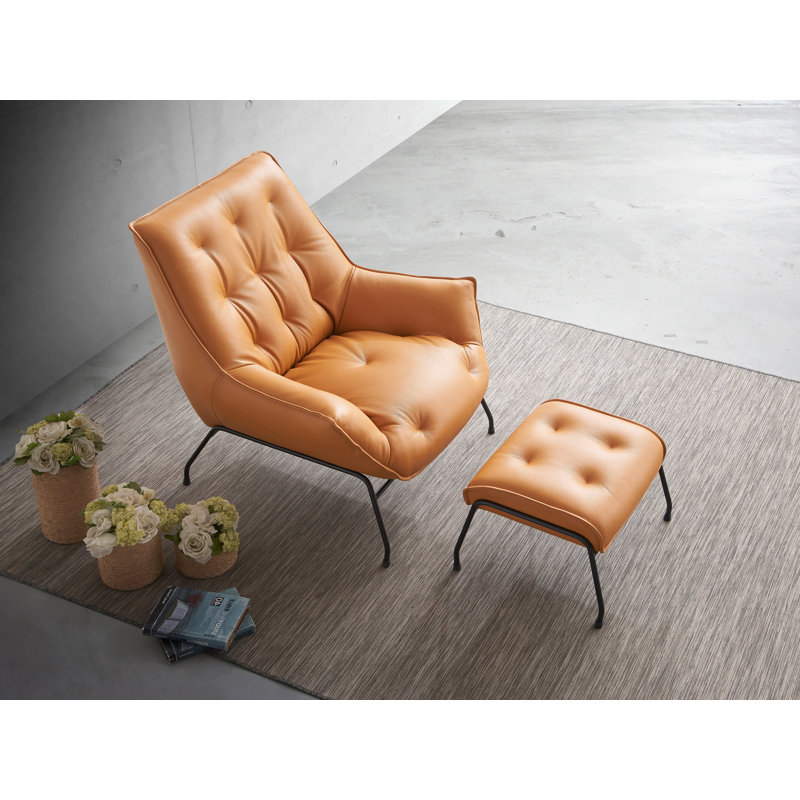 Fauteuil d'appoint et repose-pieds en cuir Lorenco, Cuir brun