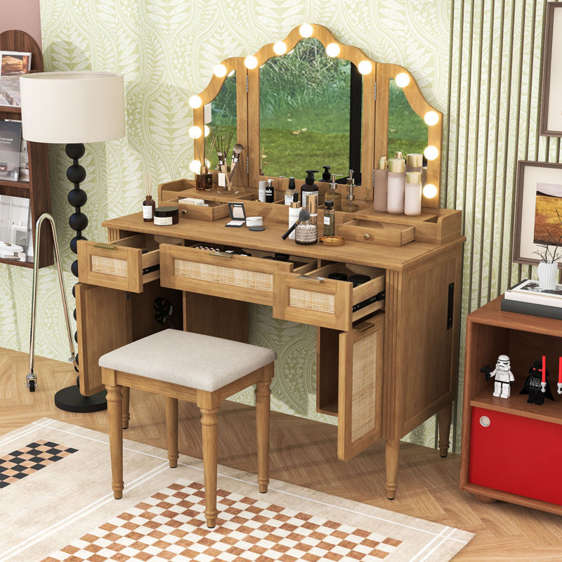 Vanity Desk with Tri-Fold Mirror, LED Bulbs, Drawers, Cabinets, Cushioned Stool and Charging Station, Natural