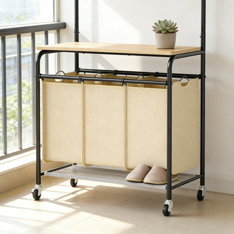 3-Section Rolling Laundry Hamper With Hanging Rack & Ironing Board, Large Laundry Sorter Cart With Removable Waterproof Baskets, Mobile Storage Organizer For Dirty Clothes
