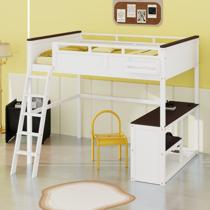Lit mezzanine avec bureau, tablette ouverte et boîte de rangement, station de charge USB