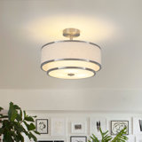 Semi Flush Mount Ceiling Light Fixture, Modern Light Fixtures Ceiling Mount with Fabric Shade, 3-Light Double Drum Lighting Fixtures Close to Ceiling Light for Bedroom