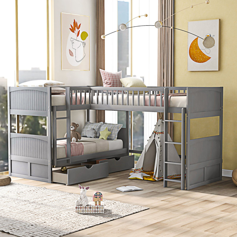 Lit superposé avec lit mezzanine attaché, Gris