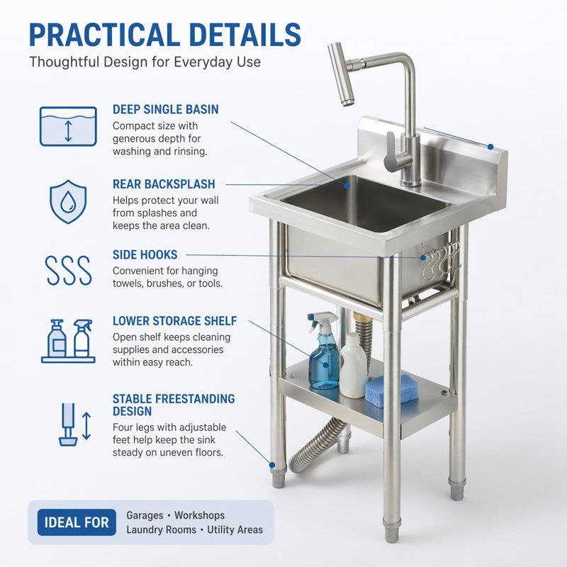 Évier utilitaire autoportant en acier inoxydable de 17 po x 15 po x 32 po - Robinet escamotable à eau chaude et froide, évier à lessive de grande capacité avec tablette de rangement et ensemble de bonde - Pour le garage, la cuisine, la cour arrière et l'utilisation commerciale