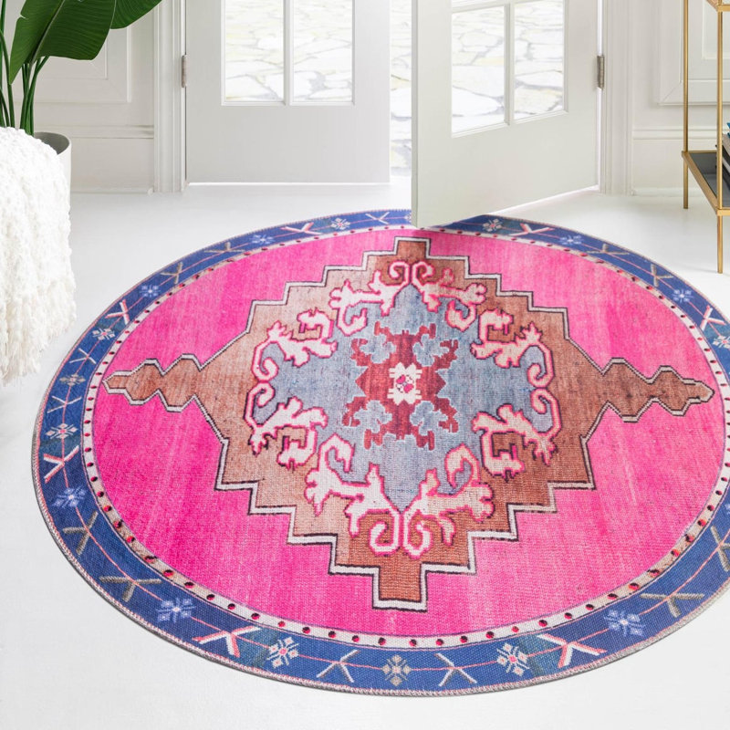 Tapis traditionnel d'Oppie fuchsia / violet, Rond 6 pi