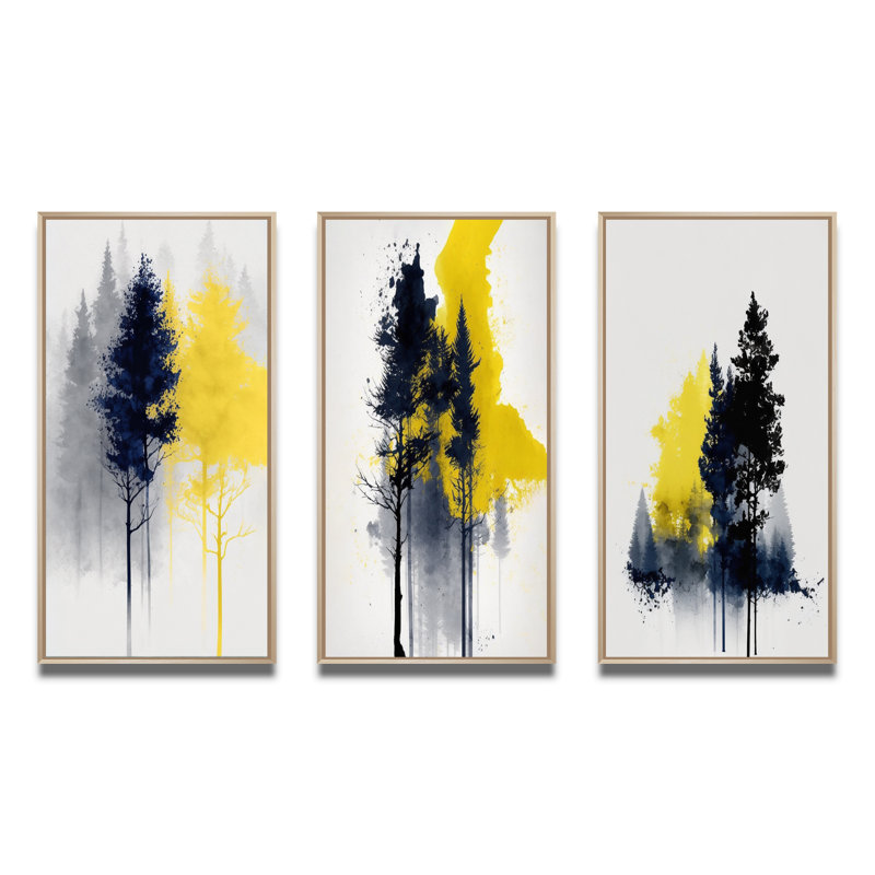 «Yellow Majestic Forest», 3 pièces sur toile, Cadre naturel flottant, H 20 po x l 36 po