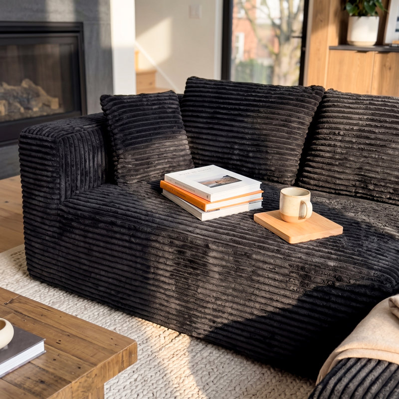 Canapé d'angle en velours côtelé de 106 pouces de large avec assises profondes, méridienne et coussins décoratifs, Noir