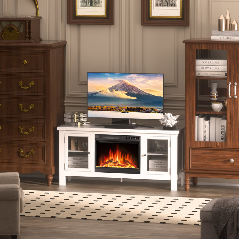  58" Entertainment Center Fireplace Console Cabinet With Remote Control & Adjustable Led Flame