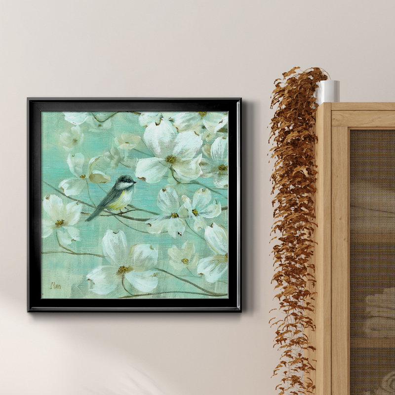 Mésanges et cornouiller - Détail I - Peinture sur toile encadrée, H 30,5 po x l 30,5 po x P 1,5 po, Toile avec cadre noir