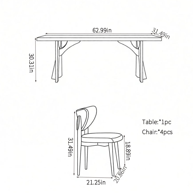 Ensembles de table de salle à manger Modern Fashion, H 30,31 po x l 62,99 po x P 31,49 po, 5 pièces: table, 4 chaises