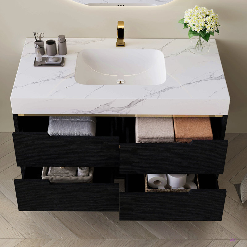Meuble-lavabo moderne de 35,4 po avec lavabo sous comptoir, plateau en pierre frittée, bois massif multicouche imperméable, rangement à 4 tiroirs, autoportant / mural