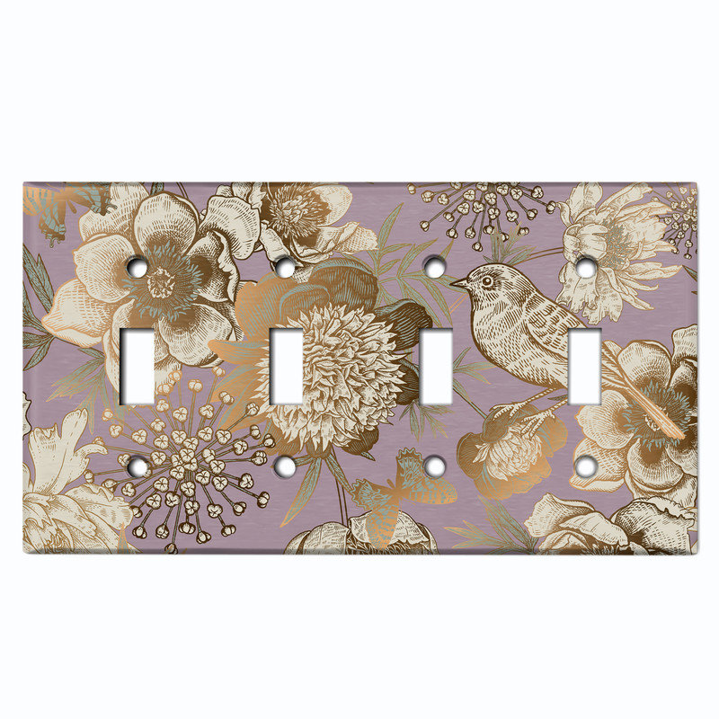 Couvercle de plaque d'interrupteur en métal; Bascule à 4 bandes US standard - pinson avec fleurs, # 4 Quad bascule