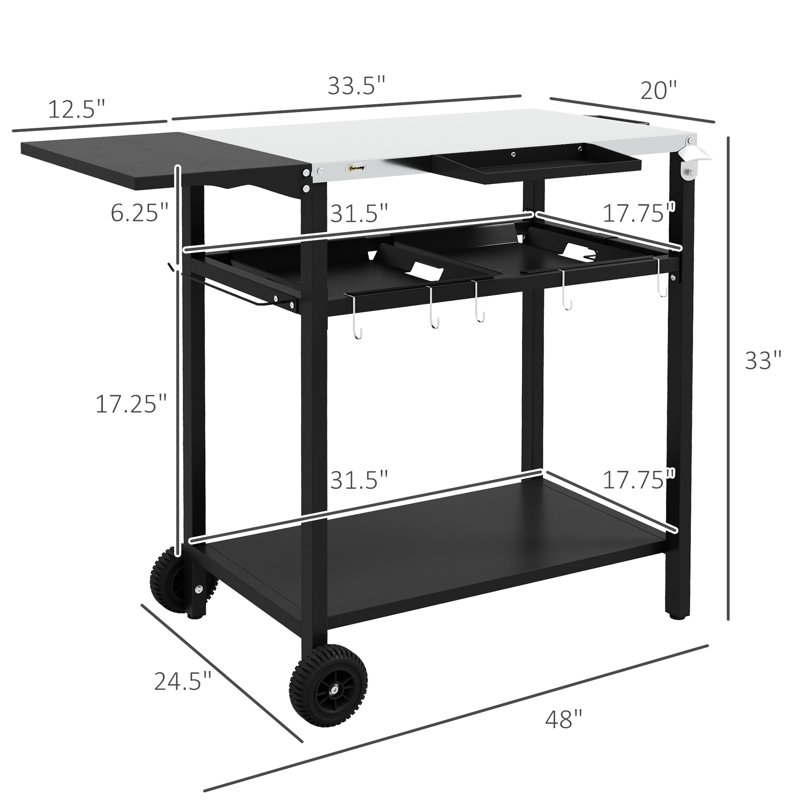 Portable Outdoor Cart, Stainless Steel Surface & 2 , Spice Jar Utensil Holder, Black Patio Serving Cart With Tabletop, 2 Storage, Seasoning Rack, Wheels, Hooks, Towel Garbage Carrier Stand,