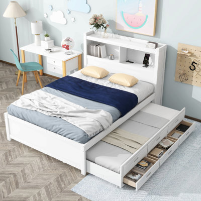 Full Size Platform Bed With Trundle, Drawers And Usb Plugs