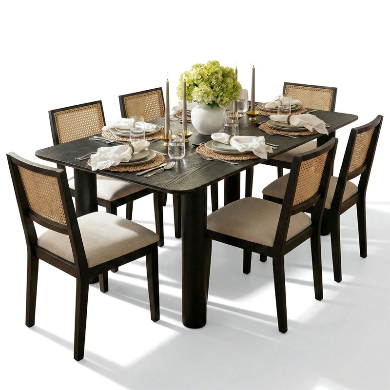 7-Piece Modern Black Dining Set With 6 Cane Back Chairs, Black