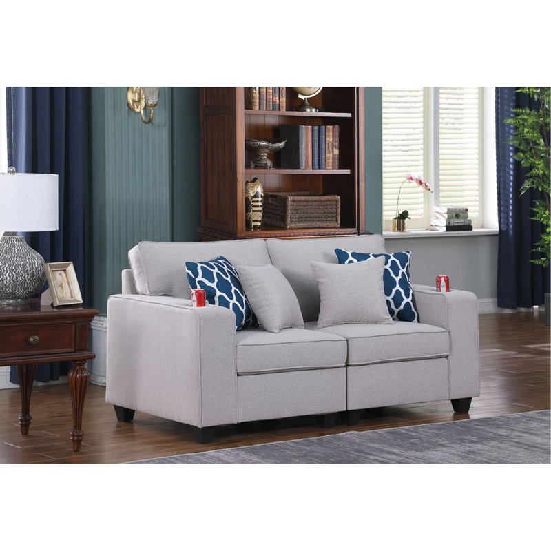 Causeuse en lin 67,5 po gris clair avec porte-gobelet