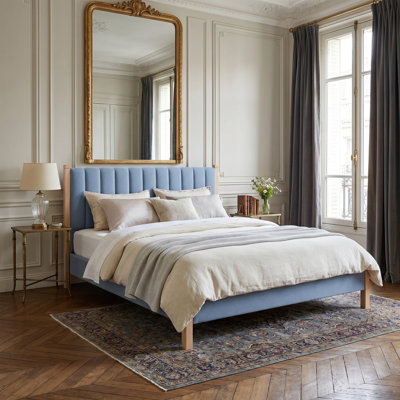 Scandinavian Upholstered Platform Bed with Solid Wood Frame