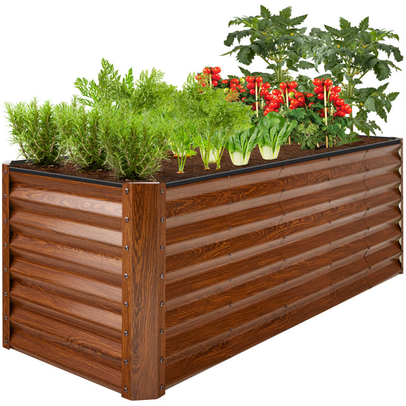  Lit de jardin surélevé en métal 8X2x2pi, jardinière pour légumes, fleurs, herbes - grain de bois, Brun