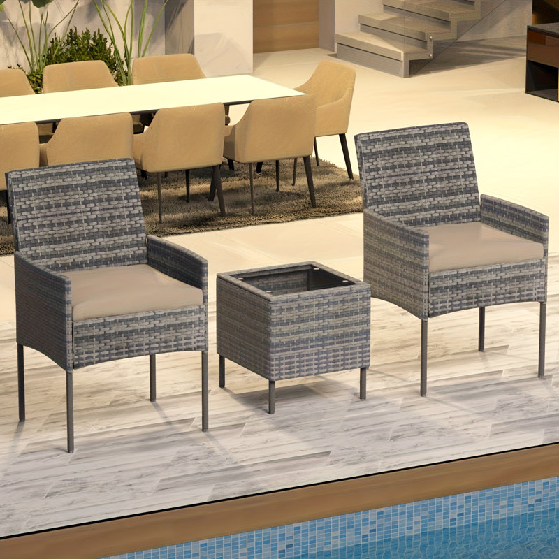 3-Piece Rattan Patio Set With 2 Armchairs, Soft Waterproof Cushions & Tempered Glass Coffee Table (Grey-Beige), Gray