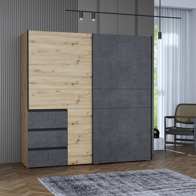 Kavalli 2 Door Sliding Wardrobe, 200,5 cm H x 200,1 cm W x 61,2 cm D, Artisan Eiche/Grey