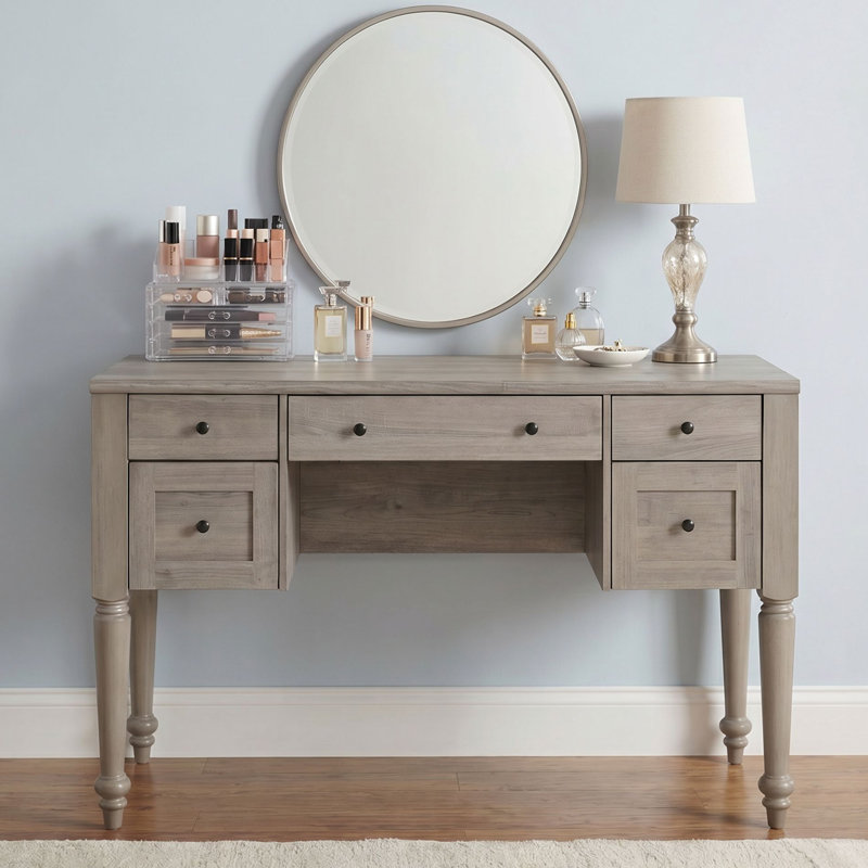 56" Spacious Vanity Desk With 5 Drawers, Charging Station, Rear Cabinet, Open Shelf, Wash Gray, No Mirror, Wash Gray
