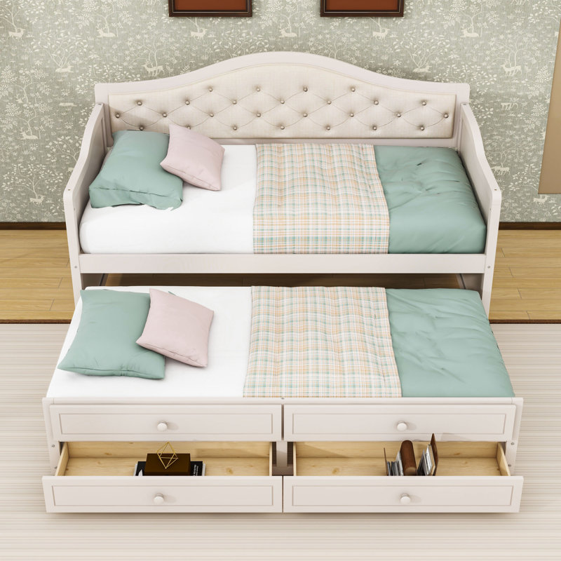 Lit de jour simple avec couchette simple et tiroirs de rangement, Beige