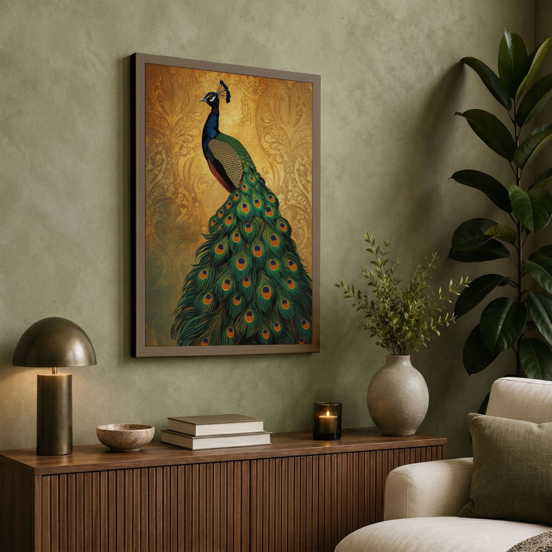 Jewelled Peacock Eclectic - Wrapped Canvas, 24x16 - 61.0 x 40.6 cm, Ochre Border