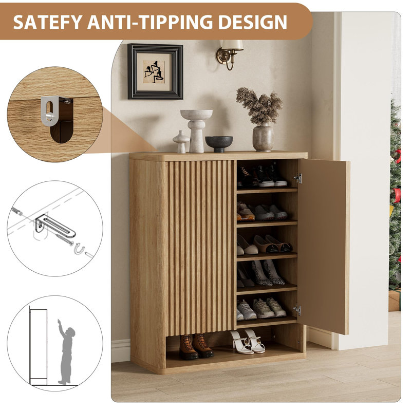 2 Pack Fluted Door Shoe Cabinet, Wooden Storage Organizer with Adjustable Shelves, Natrual