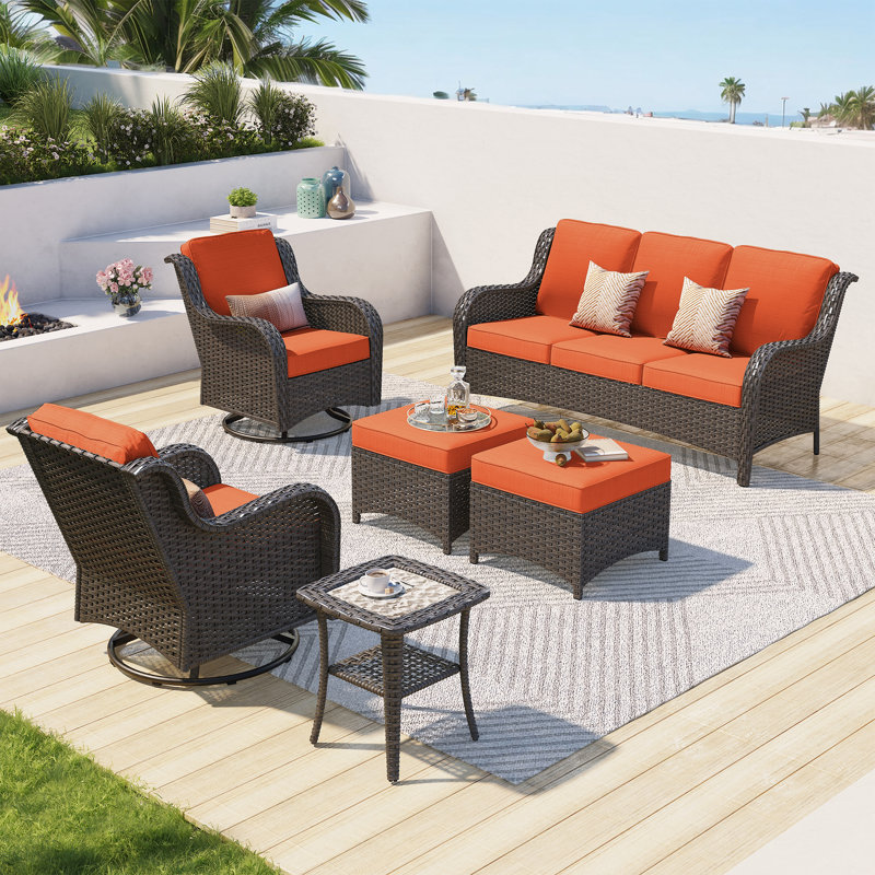 Guillen Wicker/Rattan 5 - Person Seating Group With Swivel chairs and Cushions, Orange Red Cushion/Brown Frame