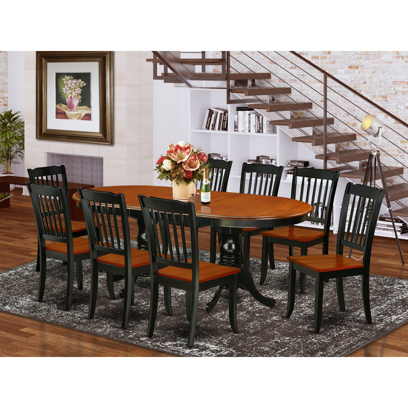 9 Piece Modern Dining Table Set Includes an Oval Wooden Table with Butterfly Leaf and 8 Kitchen Dining Chairs, Black & Cherry