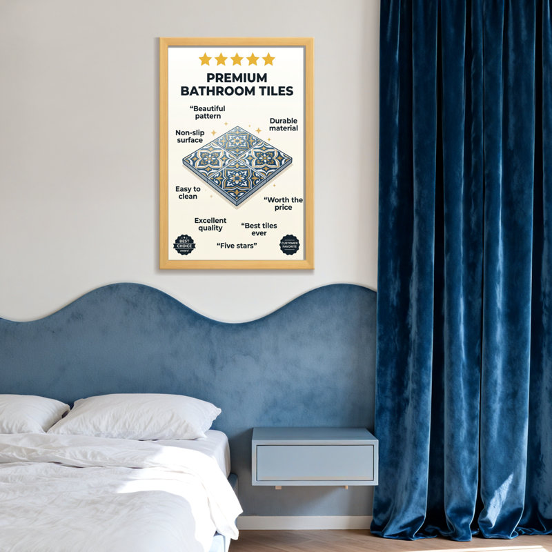 Bain et lessive motif floral bleu et blanc, H 30 po x l 20 po, Impression encadrée sans passe-partout, Grain de bois clair