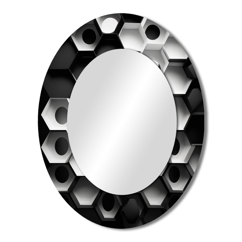 Abstrait géométrique noir et blanc II - Miroir décoratif abstrait ovale sur métal, 43 po x 33 po