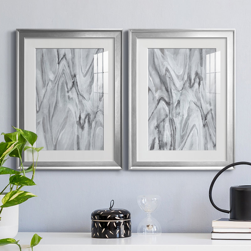 Marbré blanc III - ensemble de 2 impressions encadrées, Cadre argenté, H 36,5 po x l 26,5 po x P 1,25 po