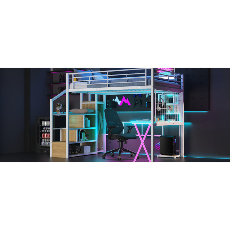 Lit mezzanine en métal avec espace de travail, rangement, escalier et DEL - Transformez votre petite chambre en bureau fonctionnel, garde-robe idéal pour les amateurs