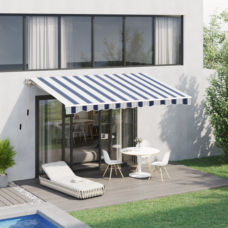 Abri de terrasse d'extérieur à auvent rétractable manuel 8 pi x 7 pi Outsunny (bleu, blanc)