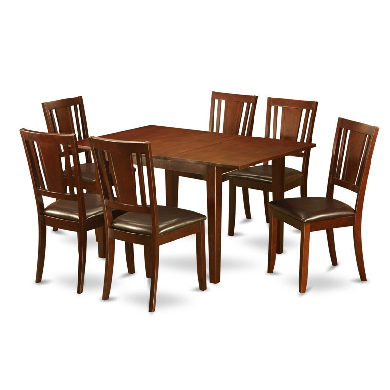 Agesilao Solid Wood Top Four Leg Dining Set, Mahogany, Linen Fabric Seat, 7 Pieces: Table, 6 Chairs