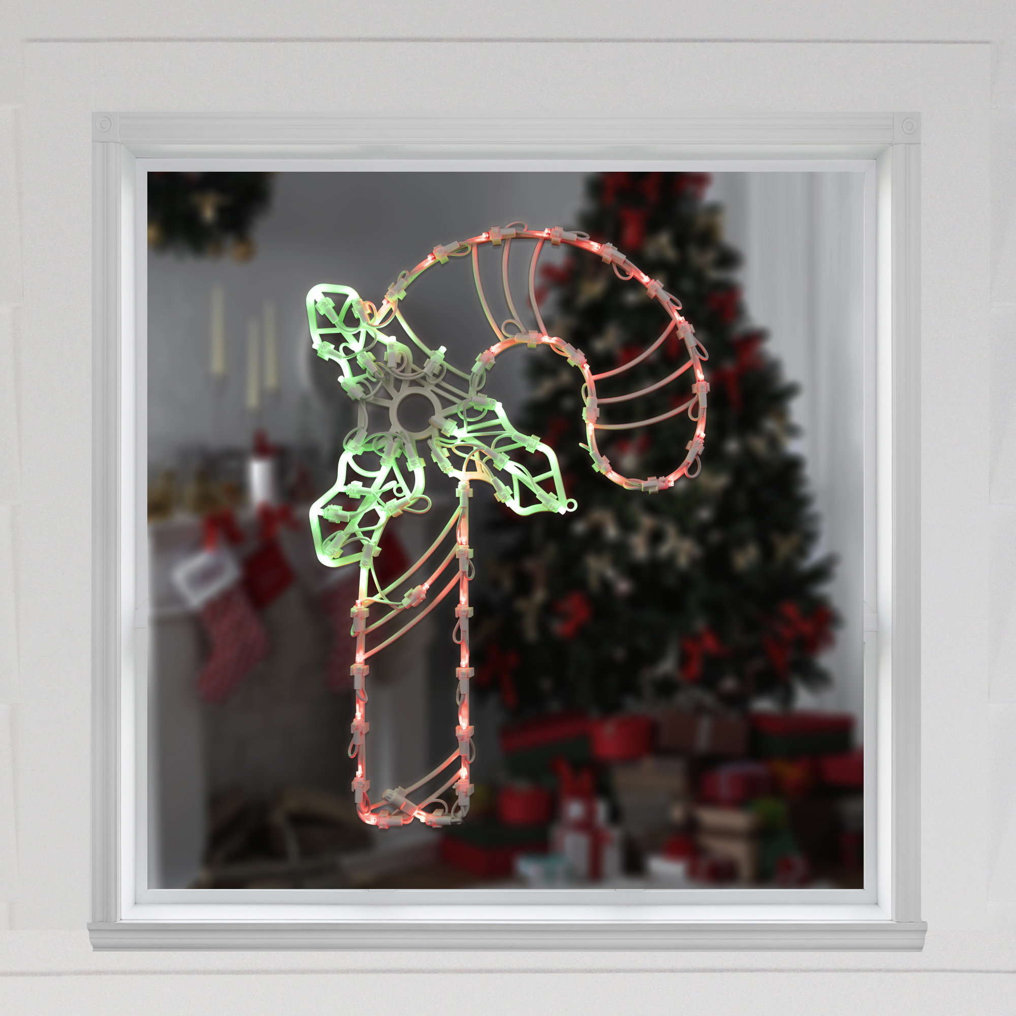 LED Lighted Candy Cane Christmas Window Silhouette Decoration, 18" H x 14" W x 1" D, Turquoise