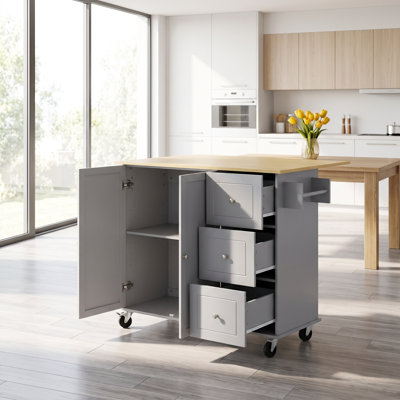 53 Inch Grey Blue Rolling Kitchen Island with Drop Leaf and Three Drawers