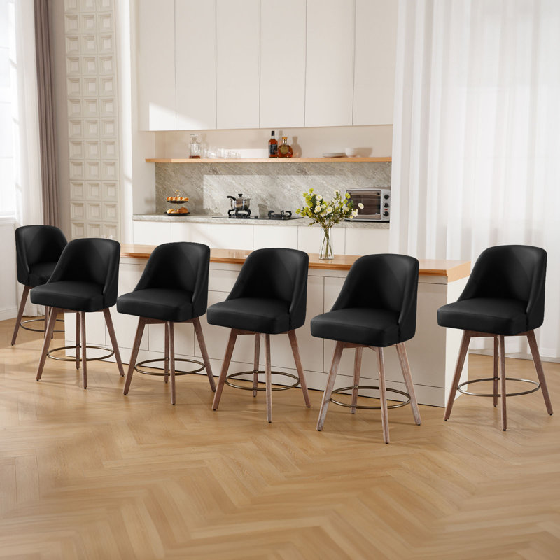 Black Faux Leather Swivel Counter Stools with Wood Legs, Set of 3