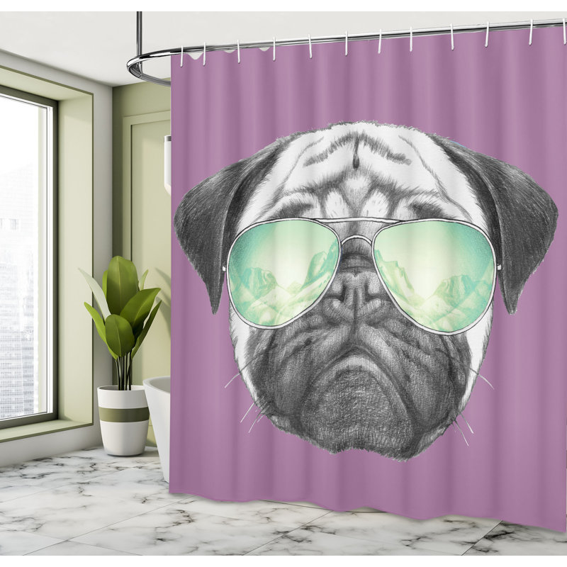 Pug Shower Curtain Set + Hooks, 70"H x 69"W, Pale Fuchsia