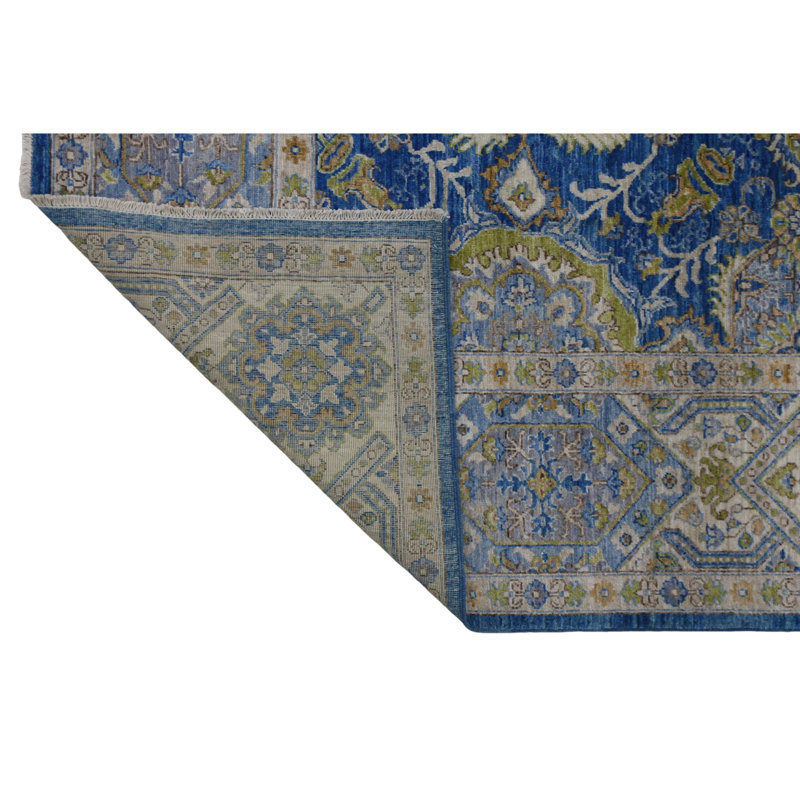 Hand Knotted Wool Area Rug in Blue And Beige