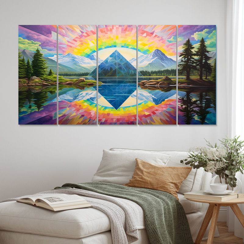 «Consciousness of the Mountains Rainbow IV», impression d'art mural paysage de montagnes - 5 panneaux égaux