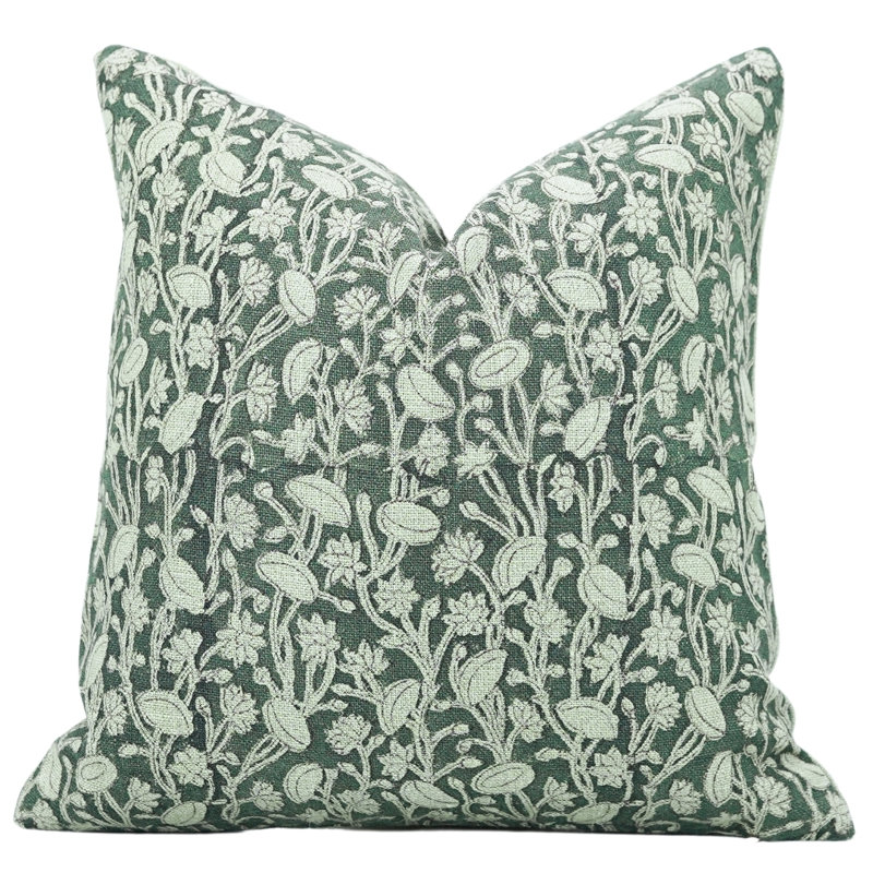 Natural Linen Block Print Pillow Cover Green Boho Decorative Throw Cushion, Zippered Size- 14X14 Inch, 14" x 14"