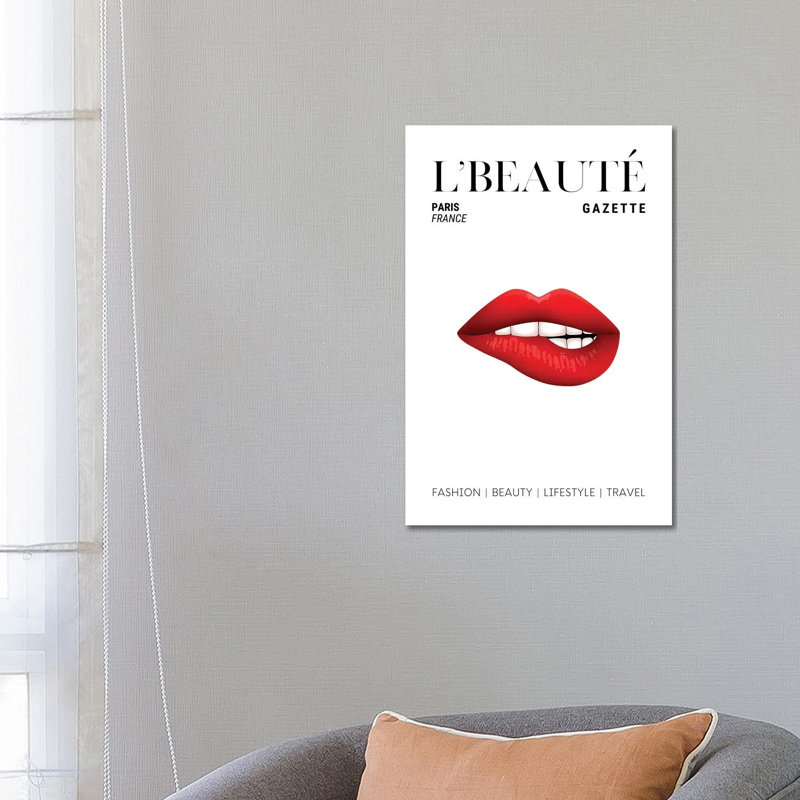 L'Beaute Beauty Magazine Cover With Red Lipstick On Bitten Lips by Design Harvest - Wrapped Canvas Print