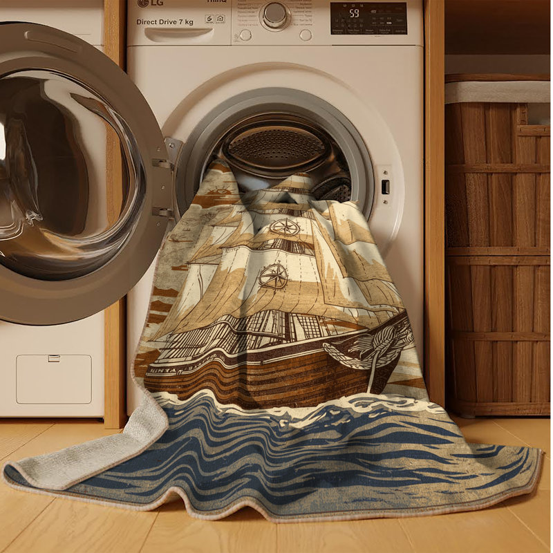 Machine Washable Maurice Classic Sailing Boat Vintage Vintage Look Rug in Beige – Beige Binding, 3x5